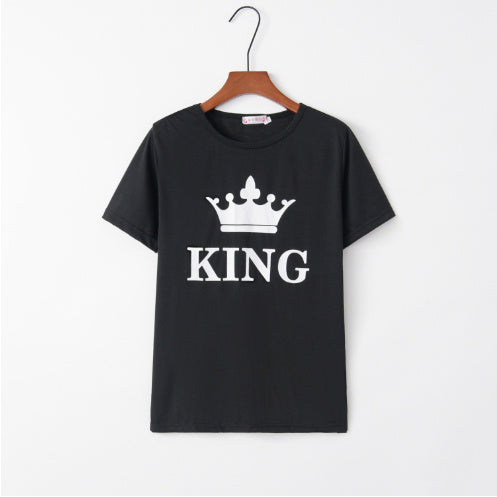 King & Queen Letter Print Black Tees – Casual Summer Cotton Tops King Queen Letter Printed Black Tshirts | Ectron Online