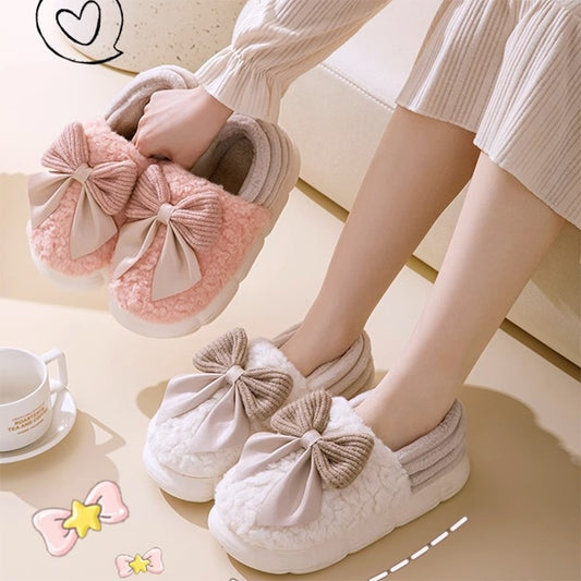 big bow-knot fluffy slippers – winter warm platform shoes