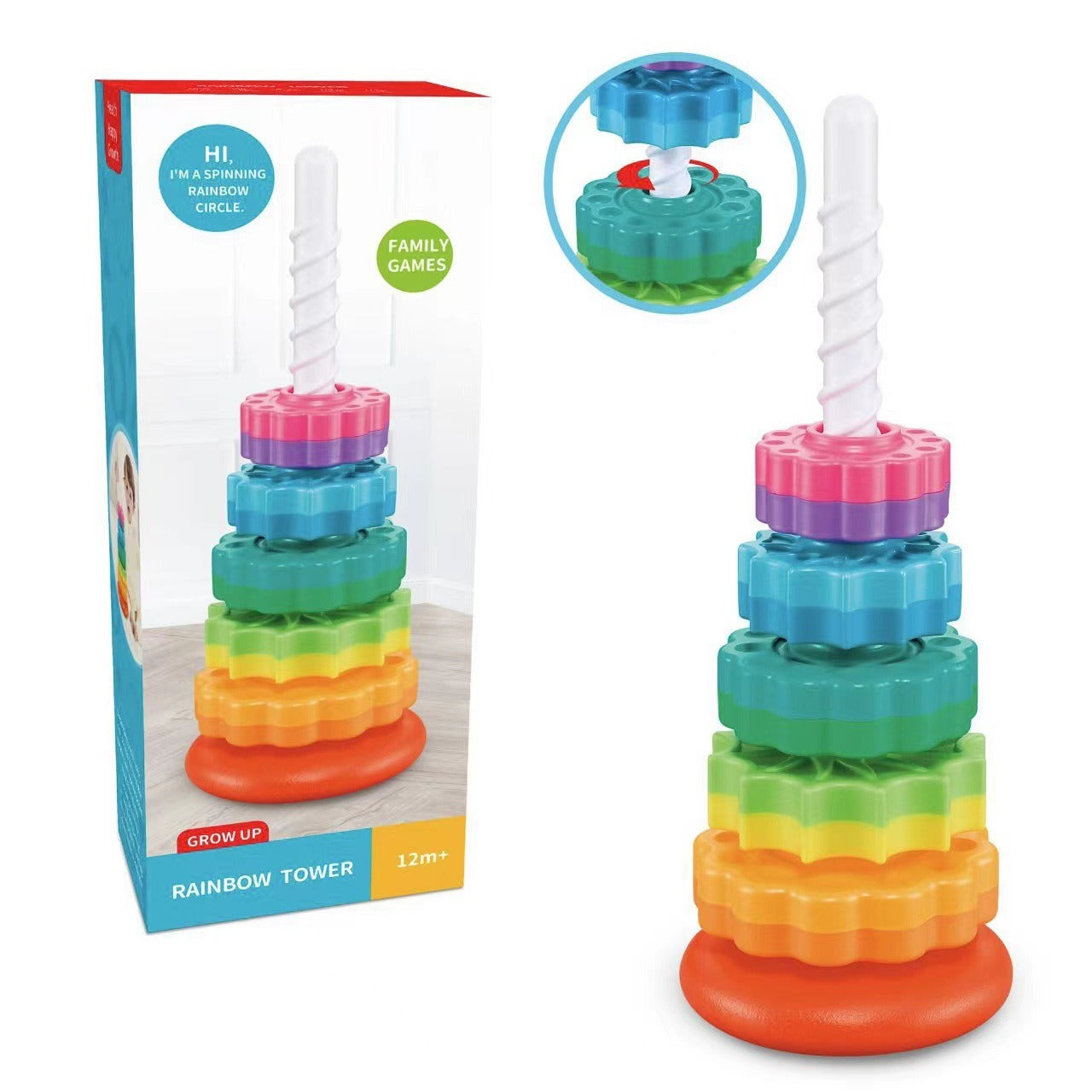 Yi Infant Cognitive Rainbow Rotating Tower Toy Geometric Ferrules Folding Joyful Rotating Tower - Ectron Online