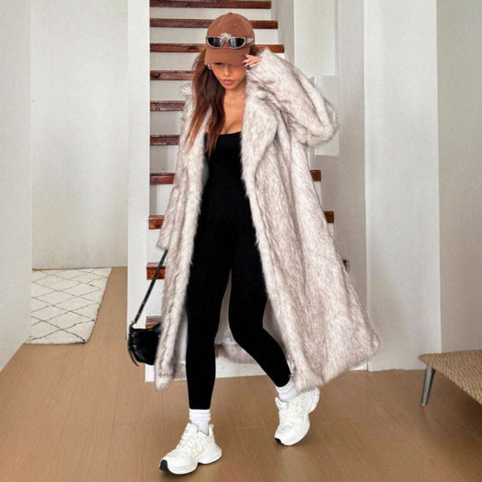 Women's Long Fox Fur Coat - Thick Tea Gradient Autumn/Winter Imitation Fox Fur Long Thickened Maojian | Ectron Online