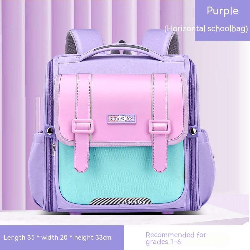 Student backpack in purple with light teal bottom, white front flap, and padded shoulder straps