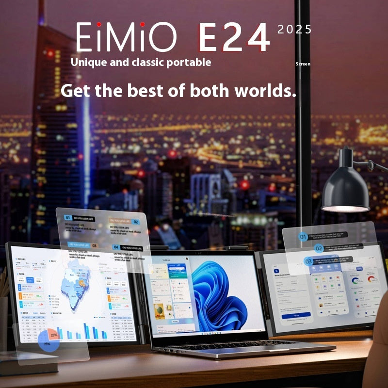 EIMIO E24 devices on a desk with a cityscape background