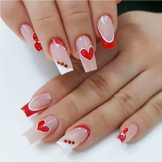 24Pcs Red & White Heart Nails 24 PCS Red And White Heart Nail Art, Lon | Ectron Online