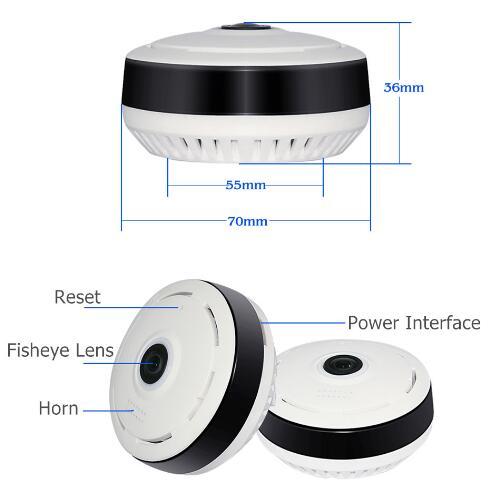 Technical diagram of a security camera with labeled parts and dimensions on a white background.