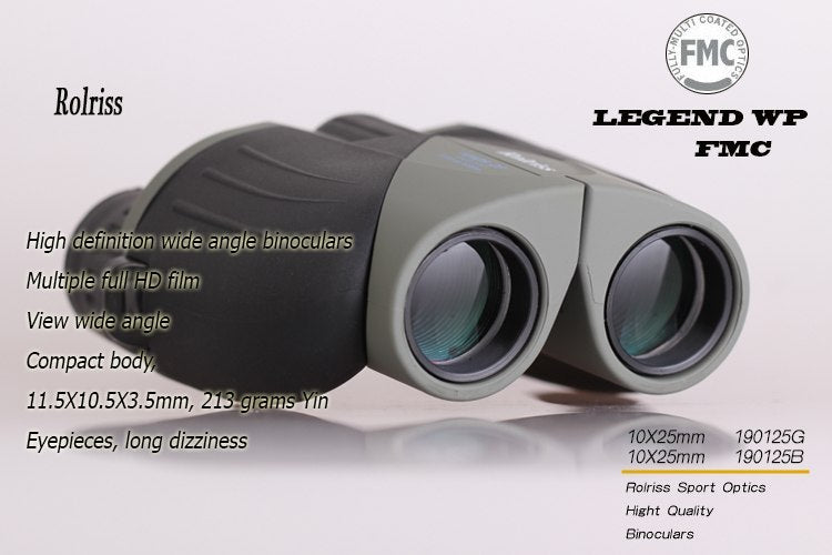 Binoculars with specifications on a white background