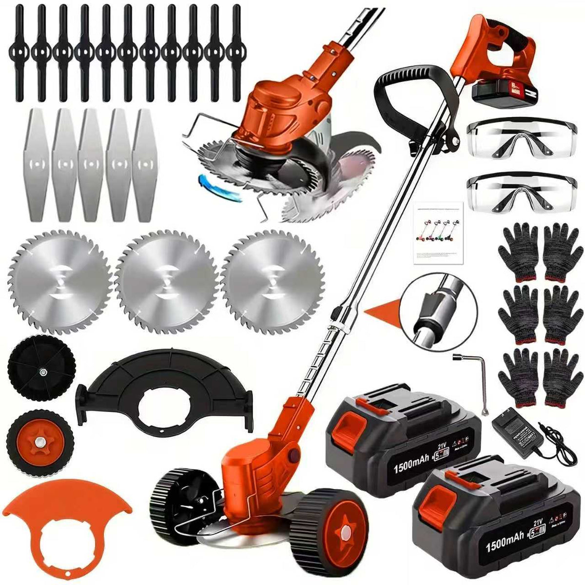 Cordless weed eater kit with orange trimmer and wheels, protective parts, and two batteries