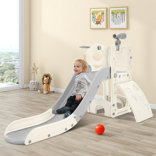 Kids Slide Playset Structure 5 in 1, Freestanding Spaceship Set with Slide, Telescope and Basketball Hoop Grey+White + HDPE - Ectron Online