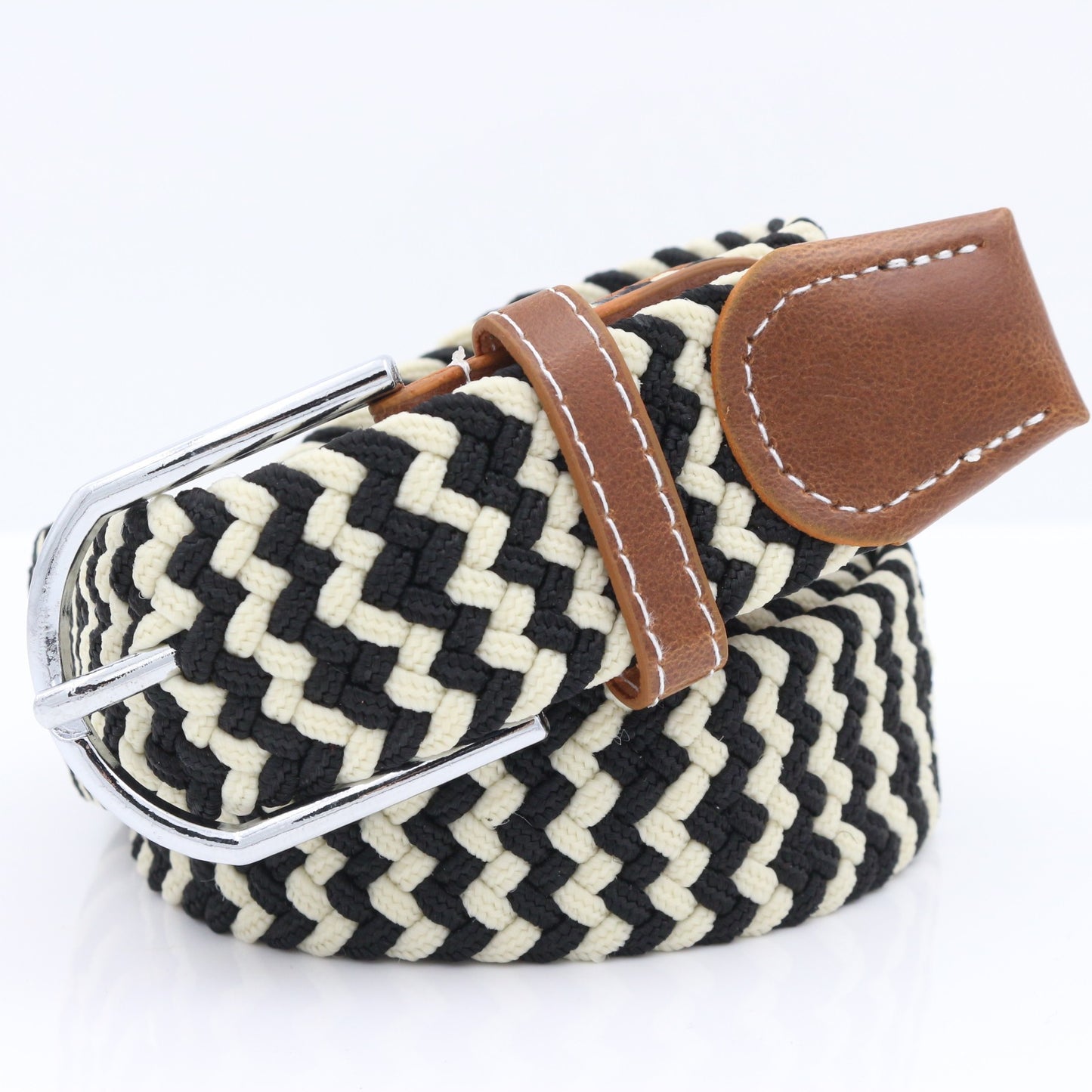 Simple Stretch And Breathable Canvas Woven Belt in black and cream with a brown leather detail.