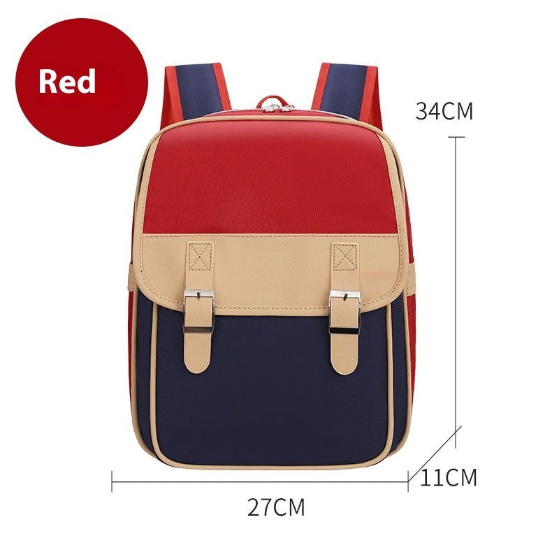 Red kindergarten backpack with beige top panel, navy bottom panel, and two front buckles