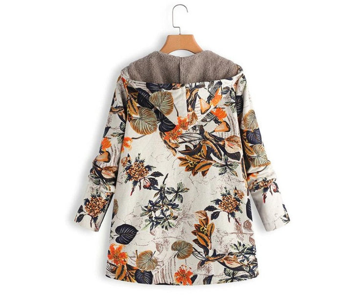 Autumn And Winter New Women's Vintage Warm Printing Pocket Thickened Zipper Hoodie