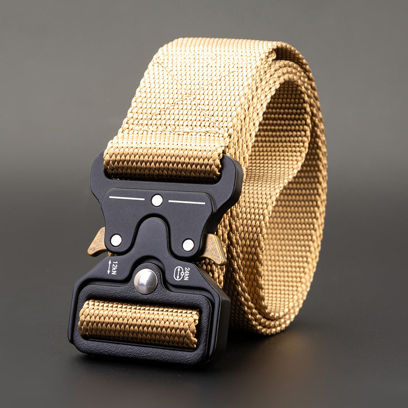 Men's Outdoor Nylon Elastic Buckle Belt Work Clothes Belt in khaki color with secure buckle design.