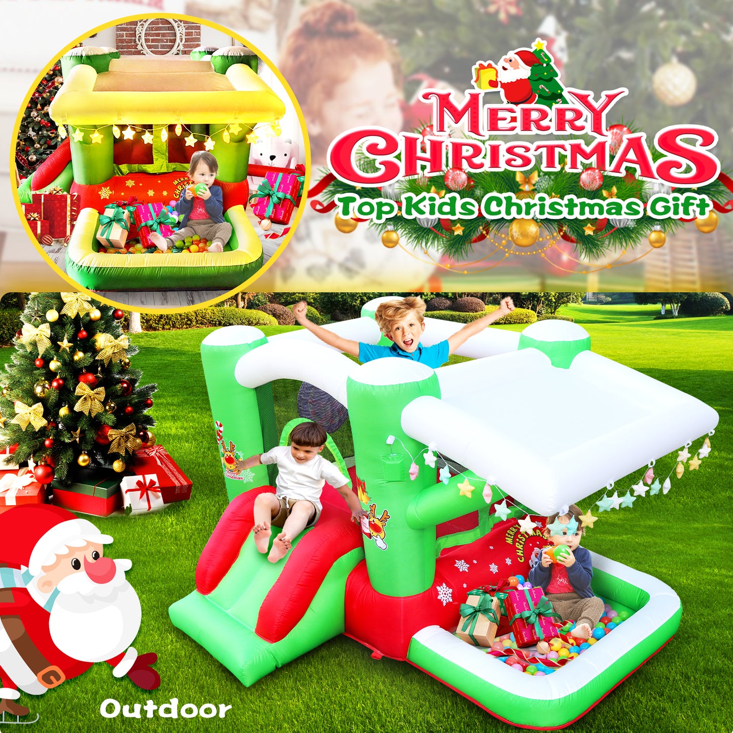 Christmas Jump 'n Slide Inflatable Bouncer for Kids Complete Setup with Blower - 80" x 91" Play Area - 55" Tall - Ectron Online