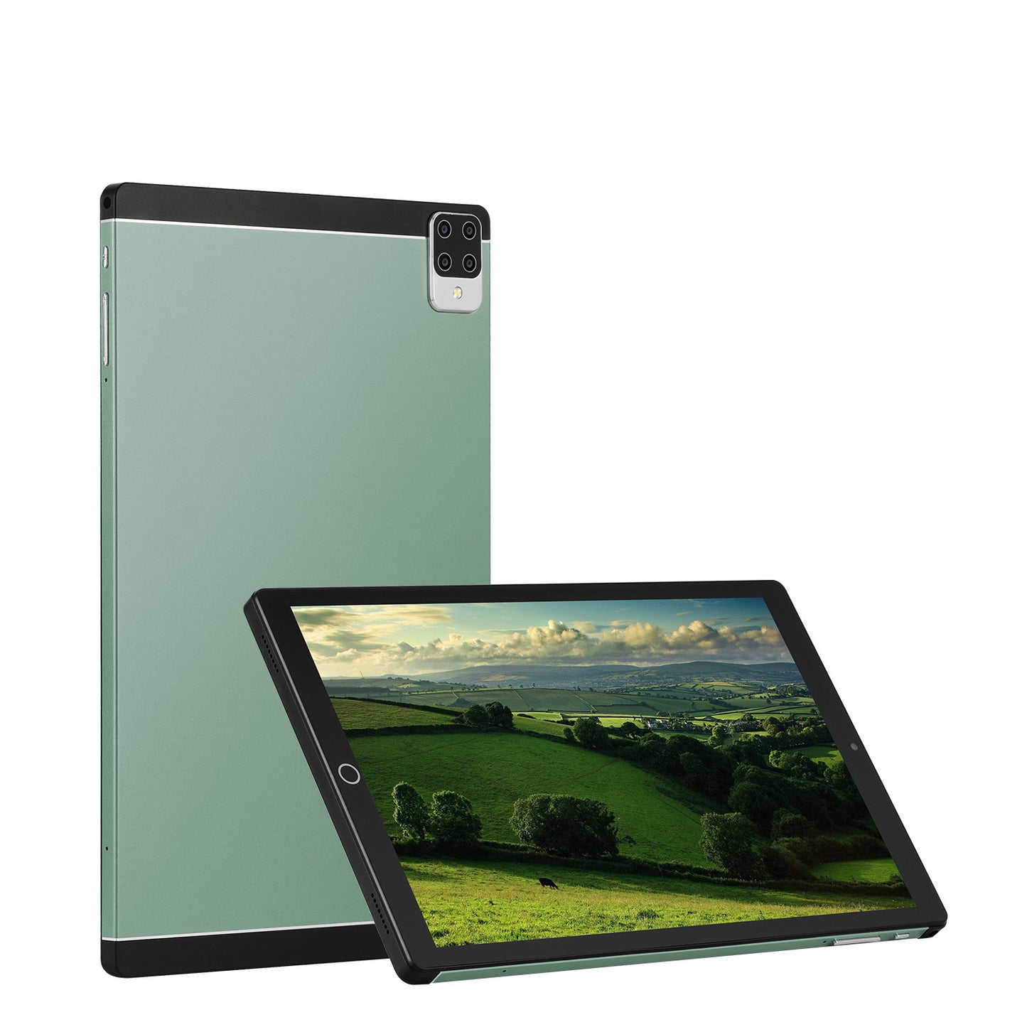 Green tablet with a scenic display on a white background