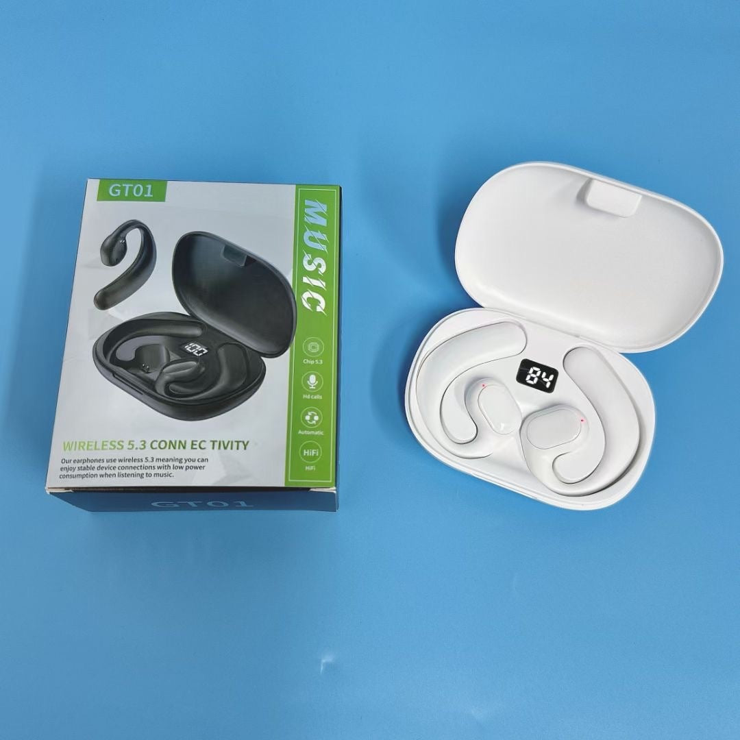 Wireless earbuds with charging case and packaging on a blue background