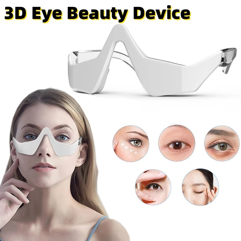3D Eye Beauty Device with a woman wearing it and before-and-after effects on skin.