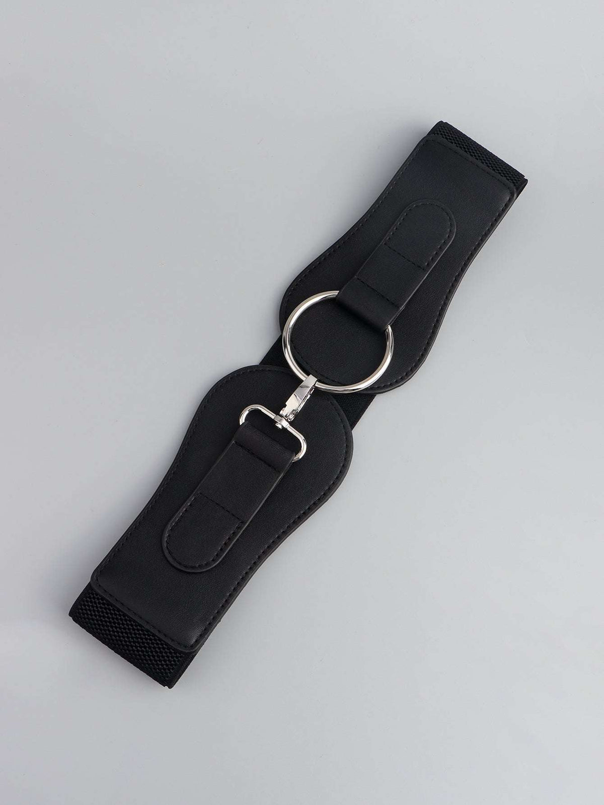 Black wide belt with oval ring and small buckle at the end, silver hardware