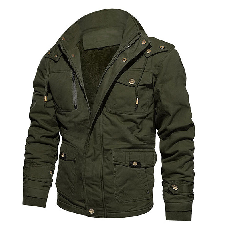 Green jacket with multiple pockets and zippers on a white background