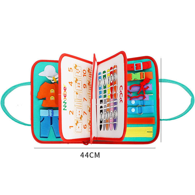 Colorful children's educational book with various toys and measurements on a white background