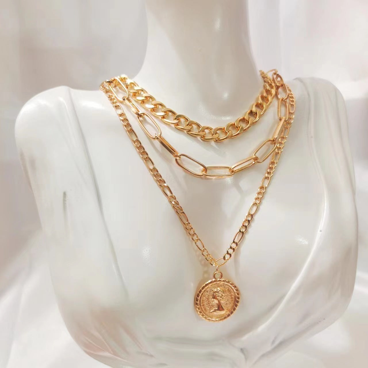 Fashionable All-match Alloy Multi-layer Beauty Head Pendant Necklace