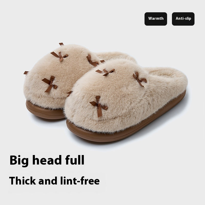 Women's Cute Plush Slippers – Bow Knot, Warm & Thick Sole