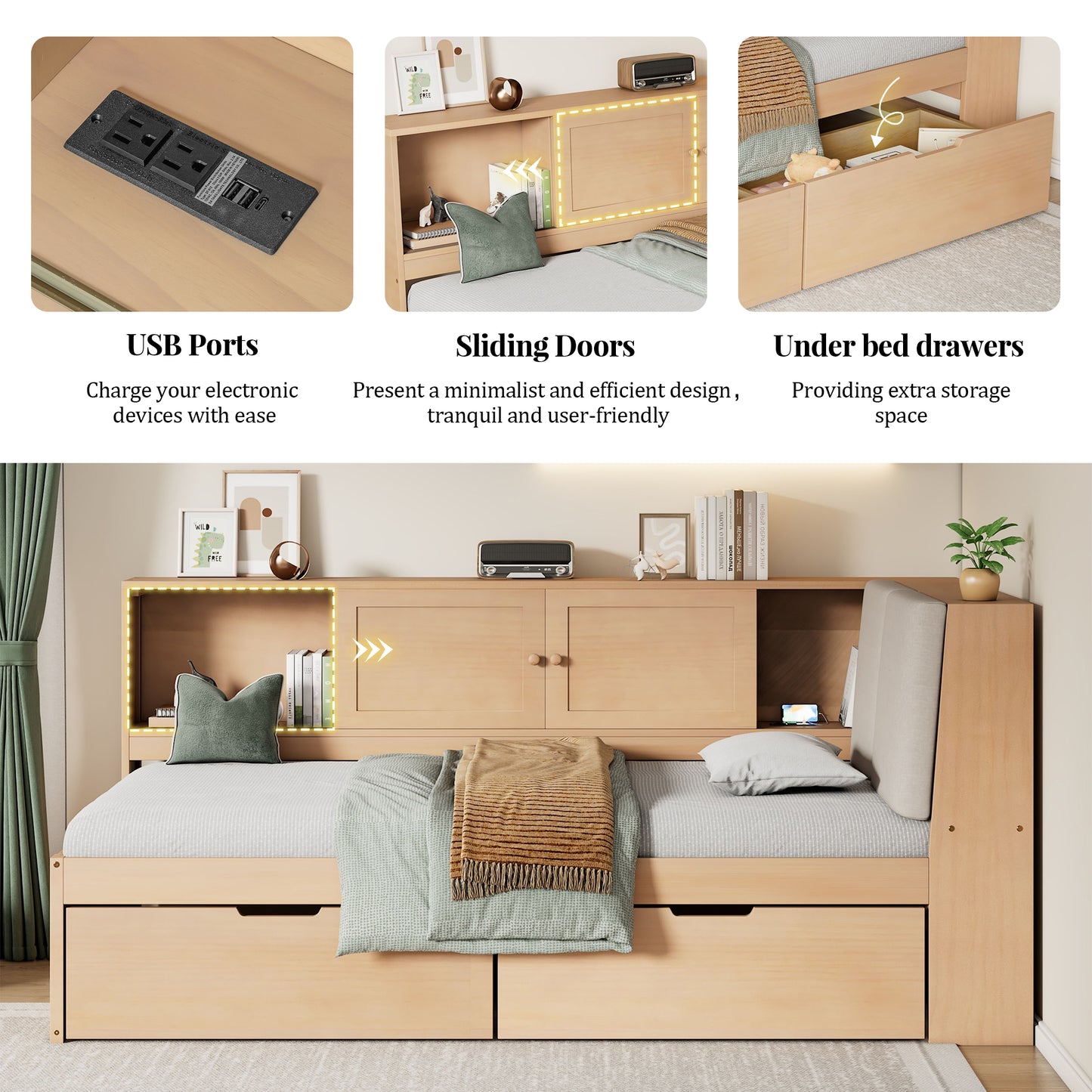 Natural Wooden Twin L-Shaped Daybed with Storage Drawers & USB Ports