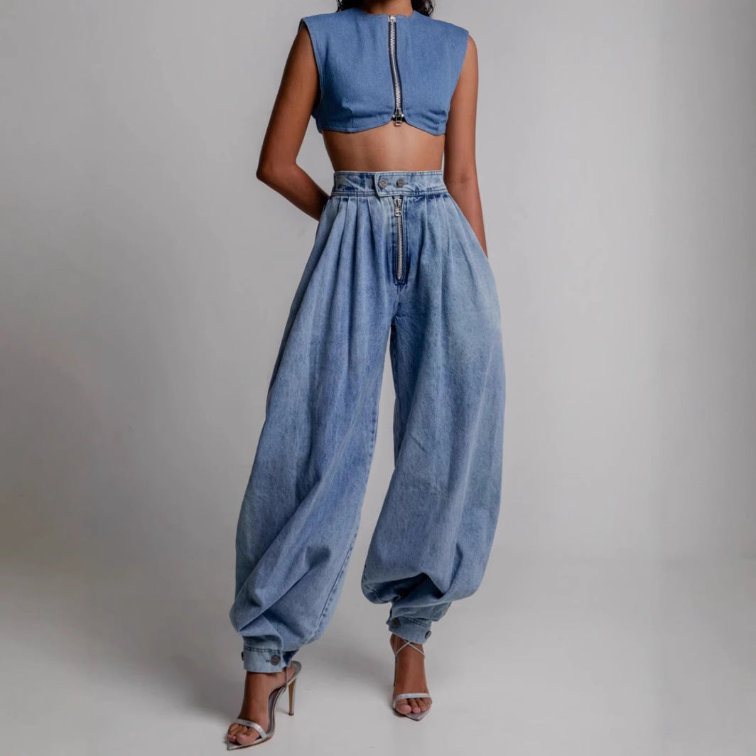 Women's High-Waist Zipper Harem Jeans