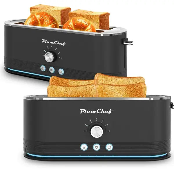 Black 4-slice toaster with bread slices on raised slots; side lever visible