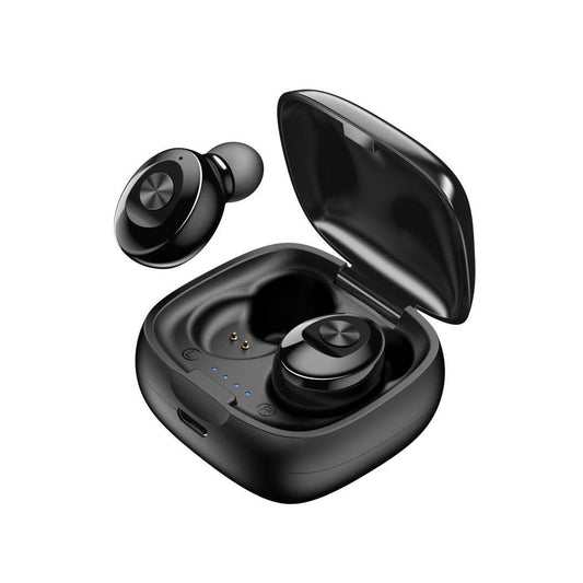 Black wireless earbuds with charging case on a white background