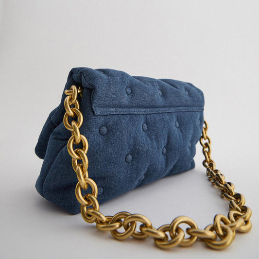 Blue Oversized Denim Quilted Shoulder Messenger Chain Bag Blue oversized denim quilted shoulder me | Ectron Online