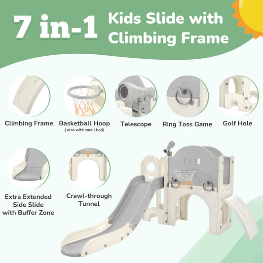 Kids Slide Playset Structure 7 in 1, Freestanding Spaceship Set with Slide, Arch Tunnel Grey+White + HDPE - Ectron Online
