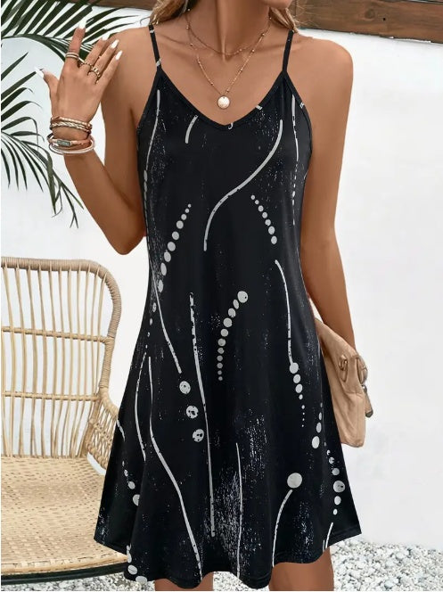 Casual Sleeveless Spring & Summer Geo Print V Neck Cami Dress, Women's Clothing