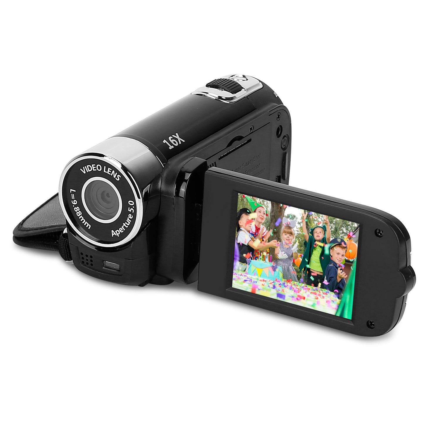 Black digital camcorder with front lens and flip-out screen displaying a video