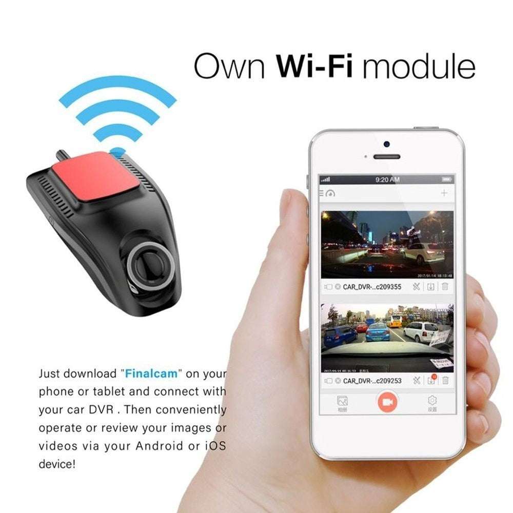 Car DVR with Wi-Fi module and smartphone displaying video footage on a white background