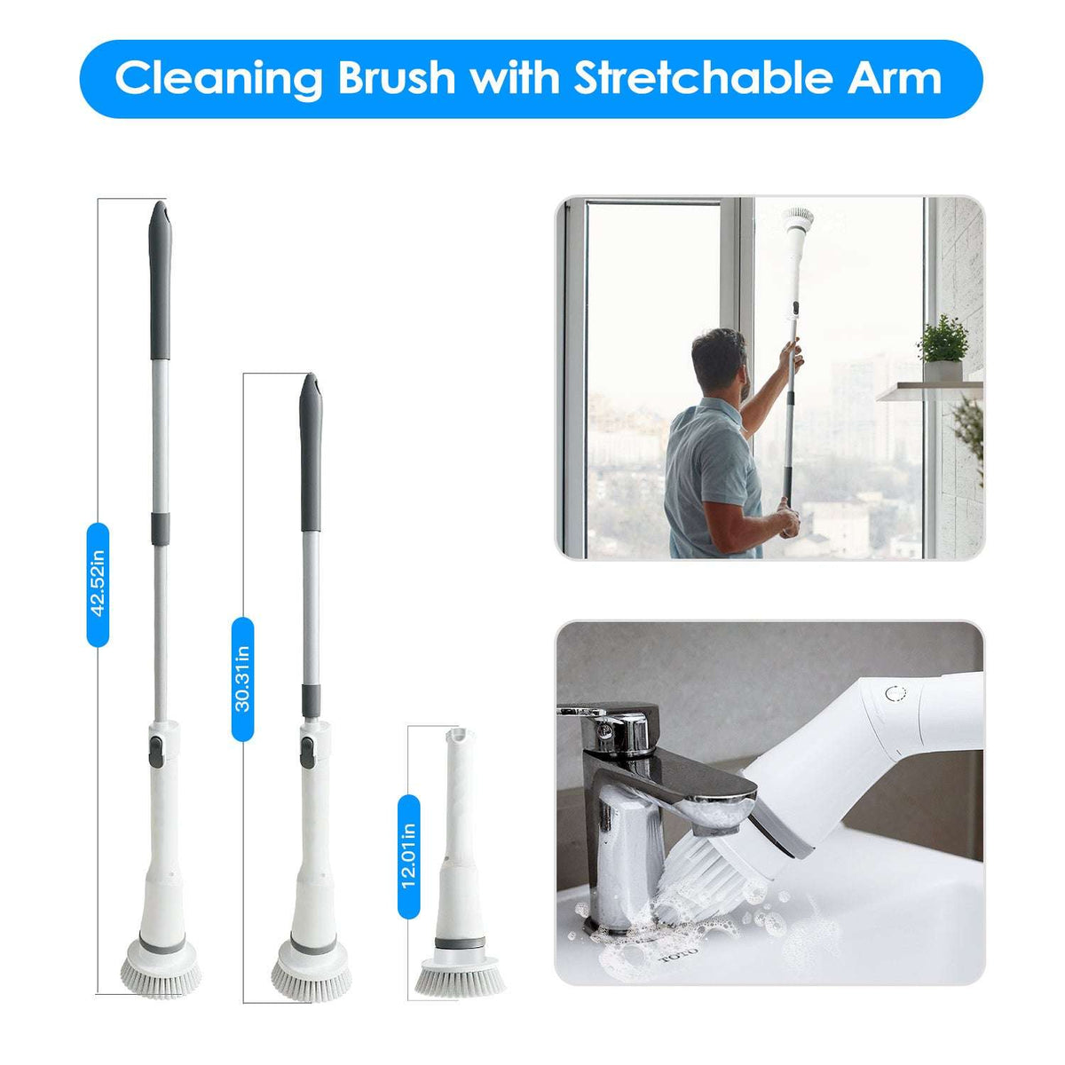 White telescopic cleaning brush with extension arm and rotating scrub head