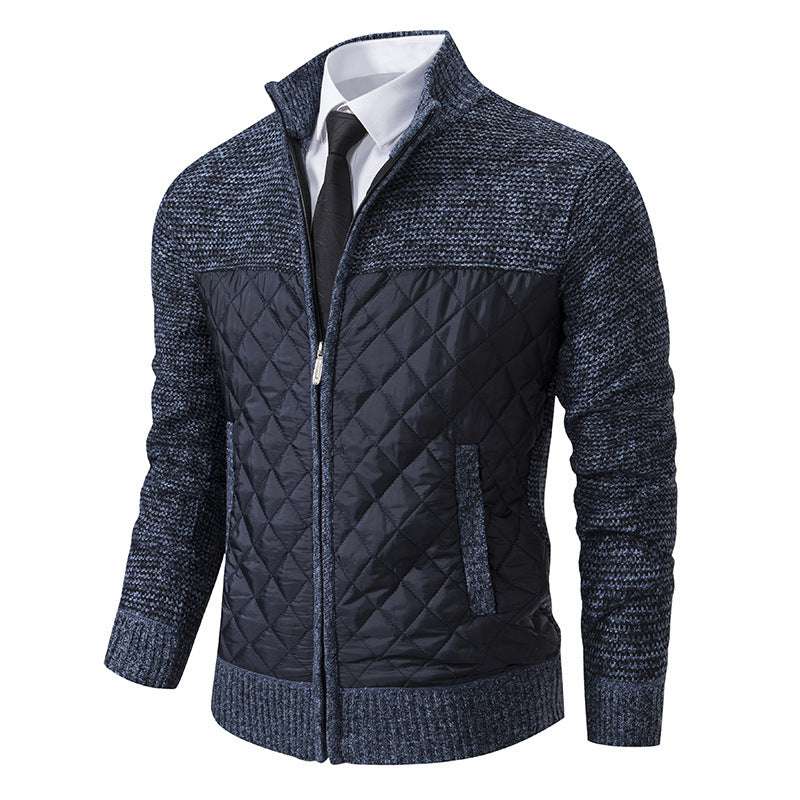 Blue quilted jacket with patterned sleeves on a white background