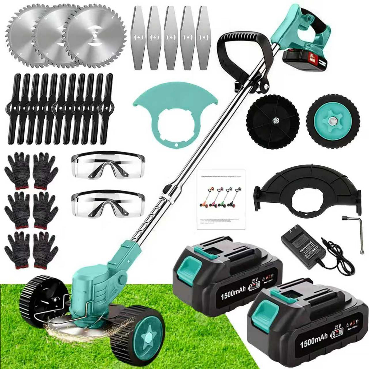 Cordless weed eater kit with teal trimmer, wheels, safety eyewear, and two battery packs