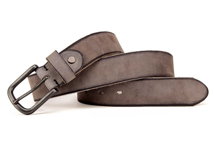 Men's leather pin buckle belt in dark brown with a classic pin buckle and smooth finish.