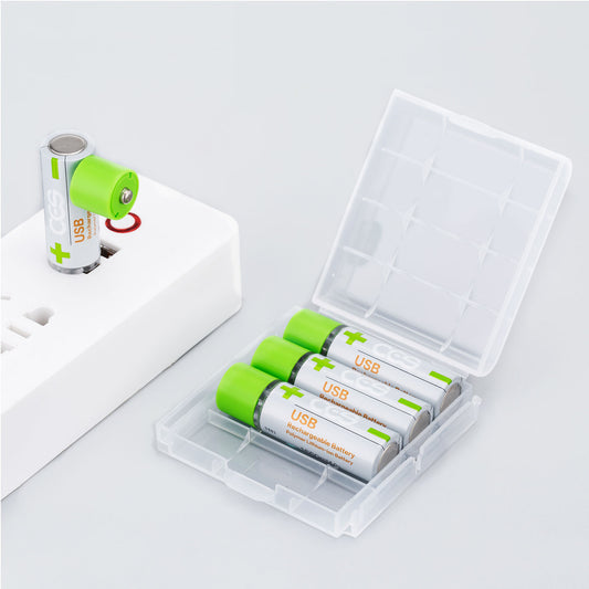 USB rechargeable batteries in a clear plastic case on a white background