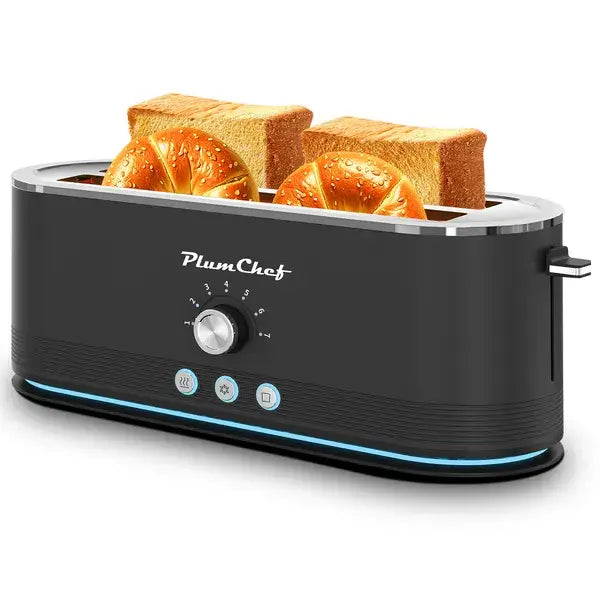 Black 4-slice stainless toaster with lever, control dial, and bread in slots