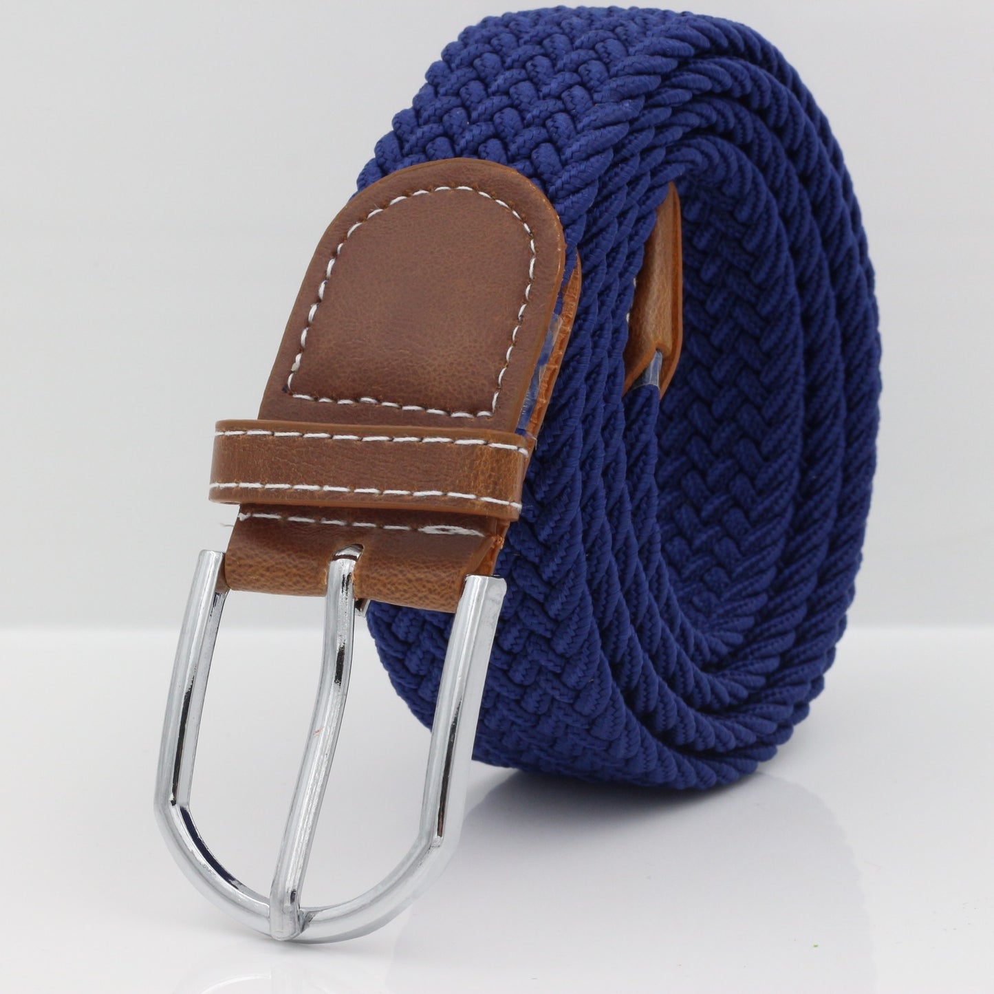 Simple Stretch And Breathable Canvas Woven Belt featuring a navy blue woven design and brown leather accents.