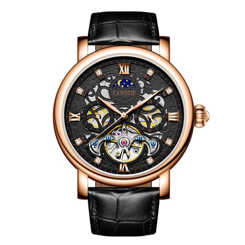 Round skeleton watch with black leather strap and rose-gold case, black dial