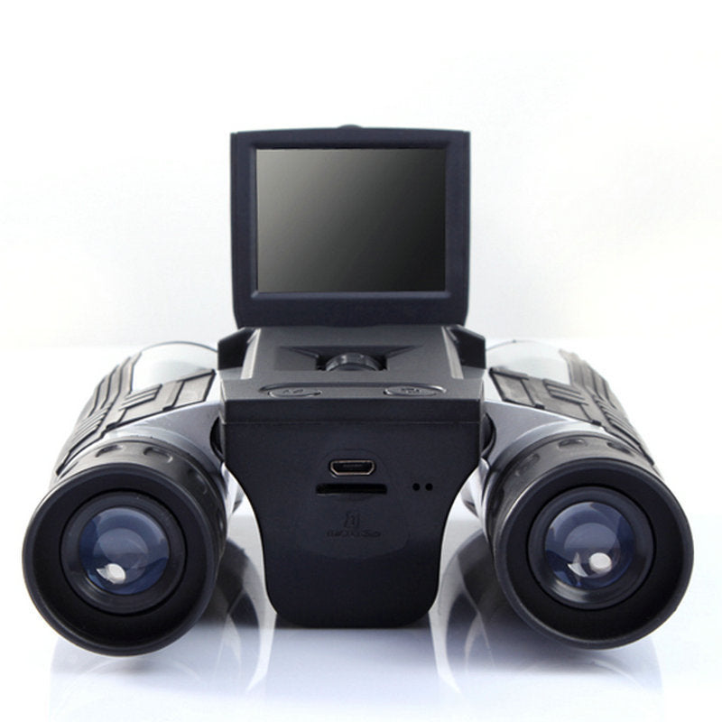 Black binoculars with a small screen on a white background