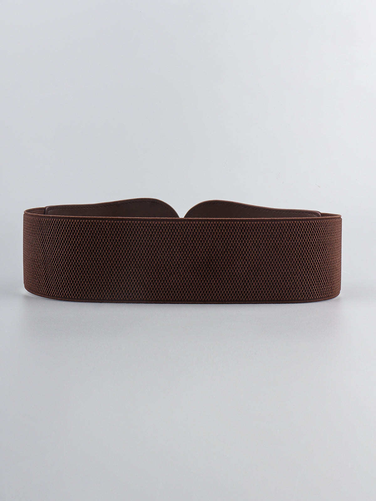 Wide PU elastic belt in dark brown, textured elastic strap with curved ends