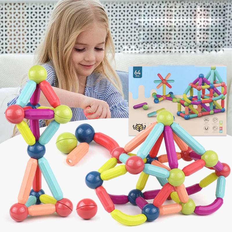 Colorful building block set with a child playing with it, inset showing building instructions.