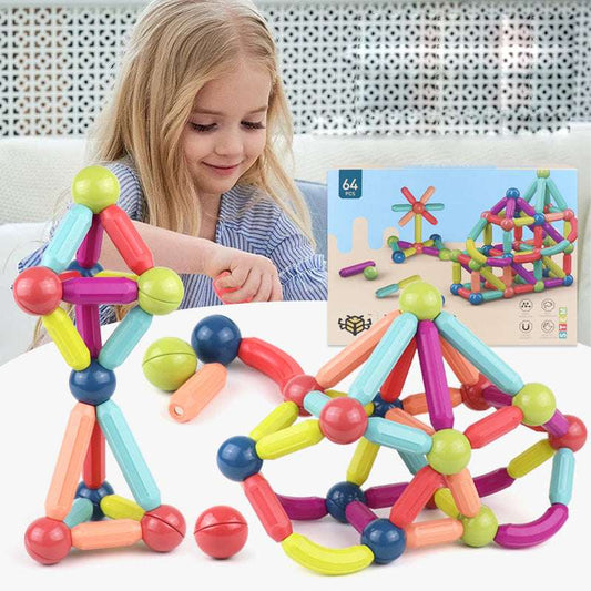 Colorful building block set with a child playing with it, inset showing building instructions.