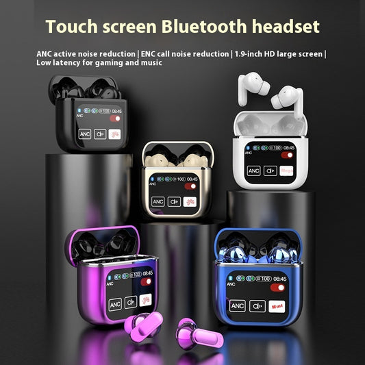 Touch screen Bluetooth headset with various color options on a dark background