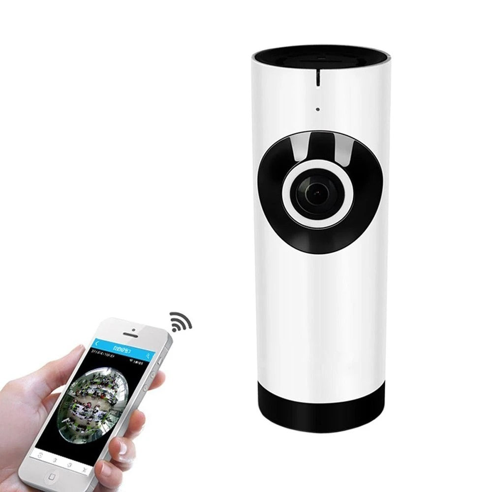 A white 720P Wireless IP Camera with a black base, connected to a smartphone displaying a camera view, indicating remote monitoring capability.