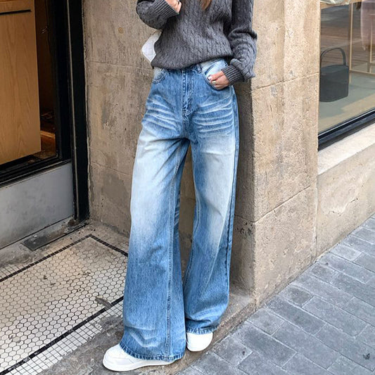 Washed & Bleached Wide-Leg Jeans – Pear-Shaped, Floor-Length Crease Design Washed And Bleached Jeans | Ectron Online