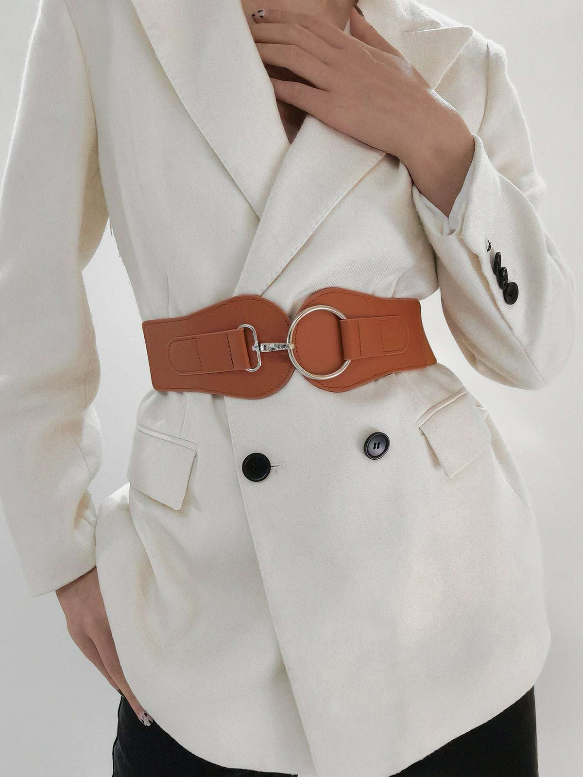 Caramel PU wide elastic belt with two end straps and oval metal ring buckle