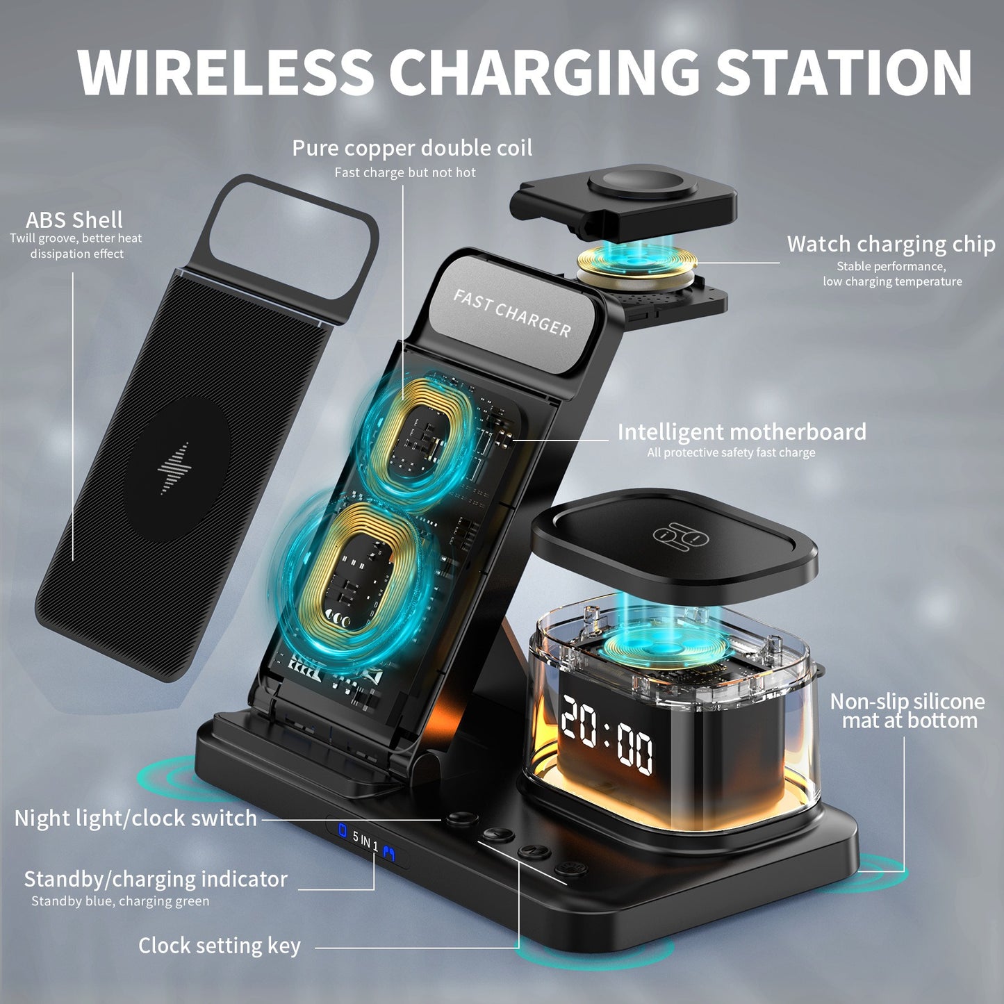 15W fast charging wireless charging folding five in one wireless charging mobile phone charging station card rechargeable - Ectron Online